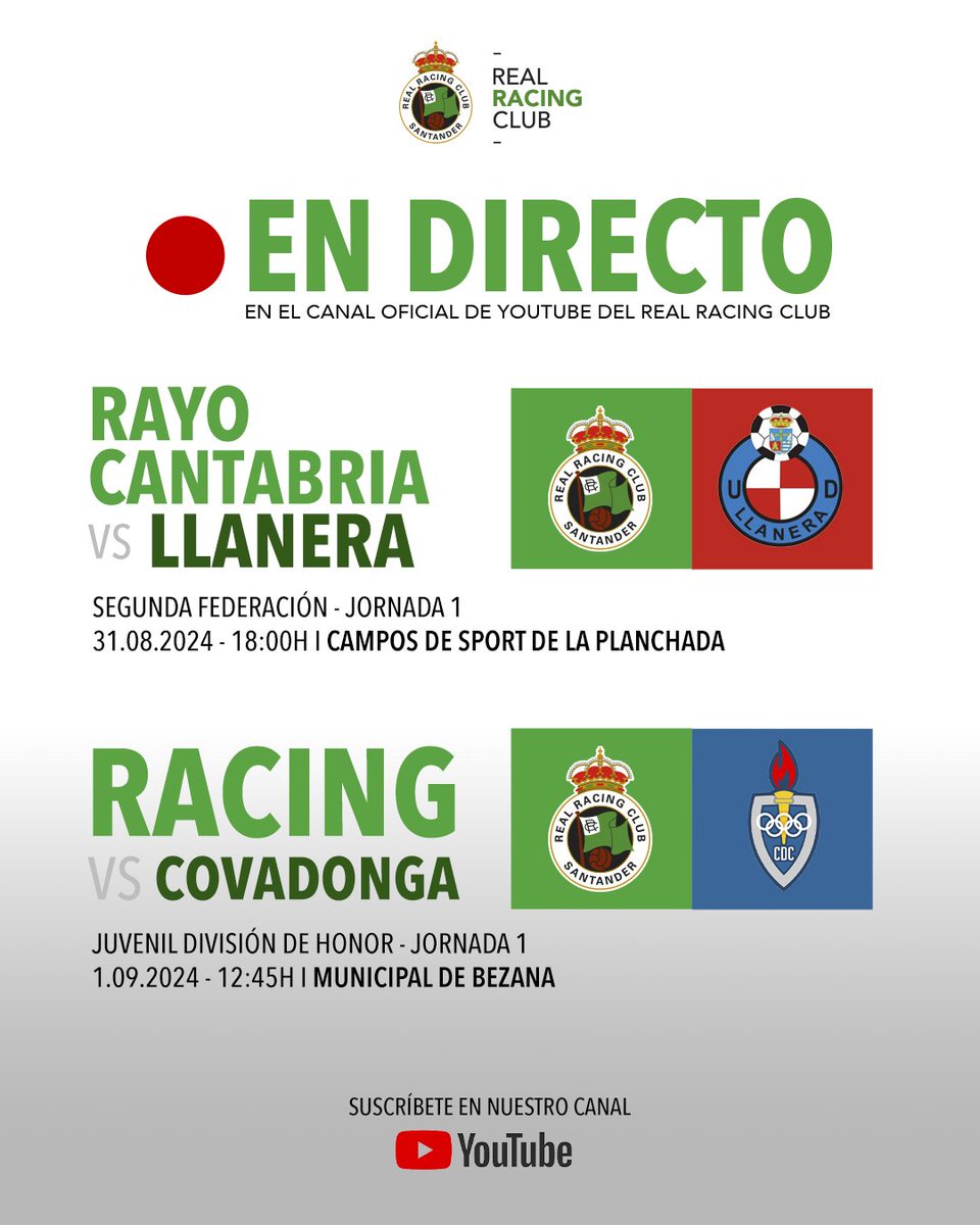 🆕 𝑫𝒆 𝒆𝒔𝒕𝒓𝒆𝒏𝒐... ✨

Racinguistas, a partir de este fin de semana, podéis seguir en directo todos los partidos que jueguen como locales el #RayoCantabria, el #RacingFem y el #RRCJuvenilDH. 

⚡ Mañana, a partir de las 18:00, sigue el #RayoCantabria 🆚 <a href="/UDLlanera/">UD Llanera</a> 

🚀 Y