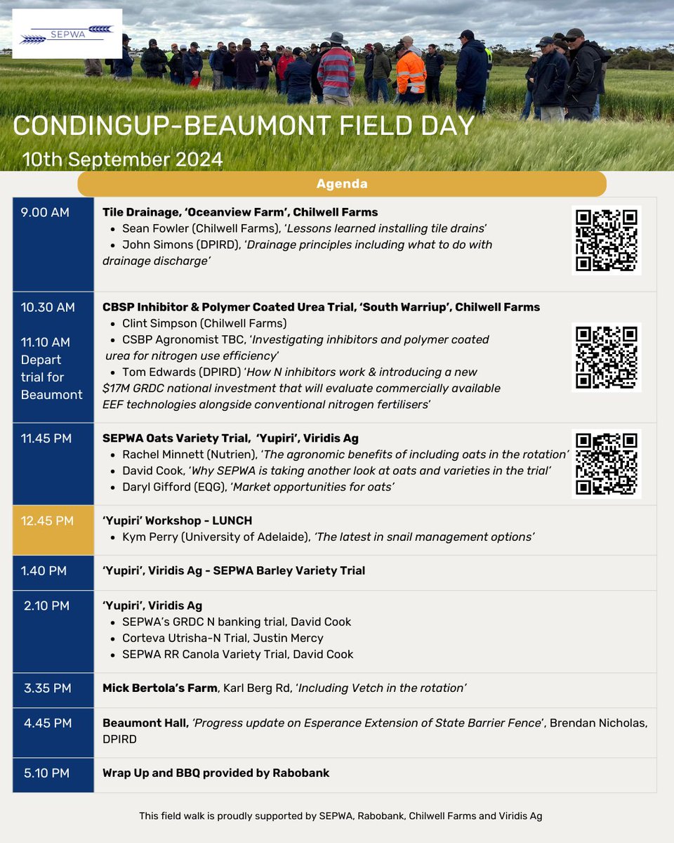 SEPWA_ag's tweet image. The SEPWA Condingup-Beaumont Field Walk 2024 is on Tuesday September 10.
The Field Walk will start at Chilwell Farms’ Oceanview Farm in Condingup at 9pm, before heading to Viridis Ag’s Yupiri property in Beaumont.
A BBQ will be provided by Rabobank at the Beaumont Hall to finish.
