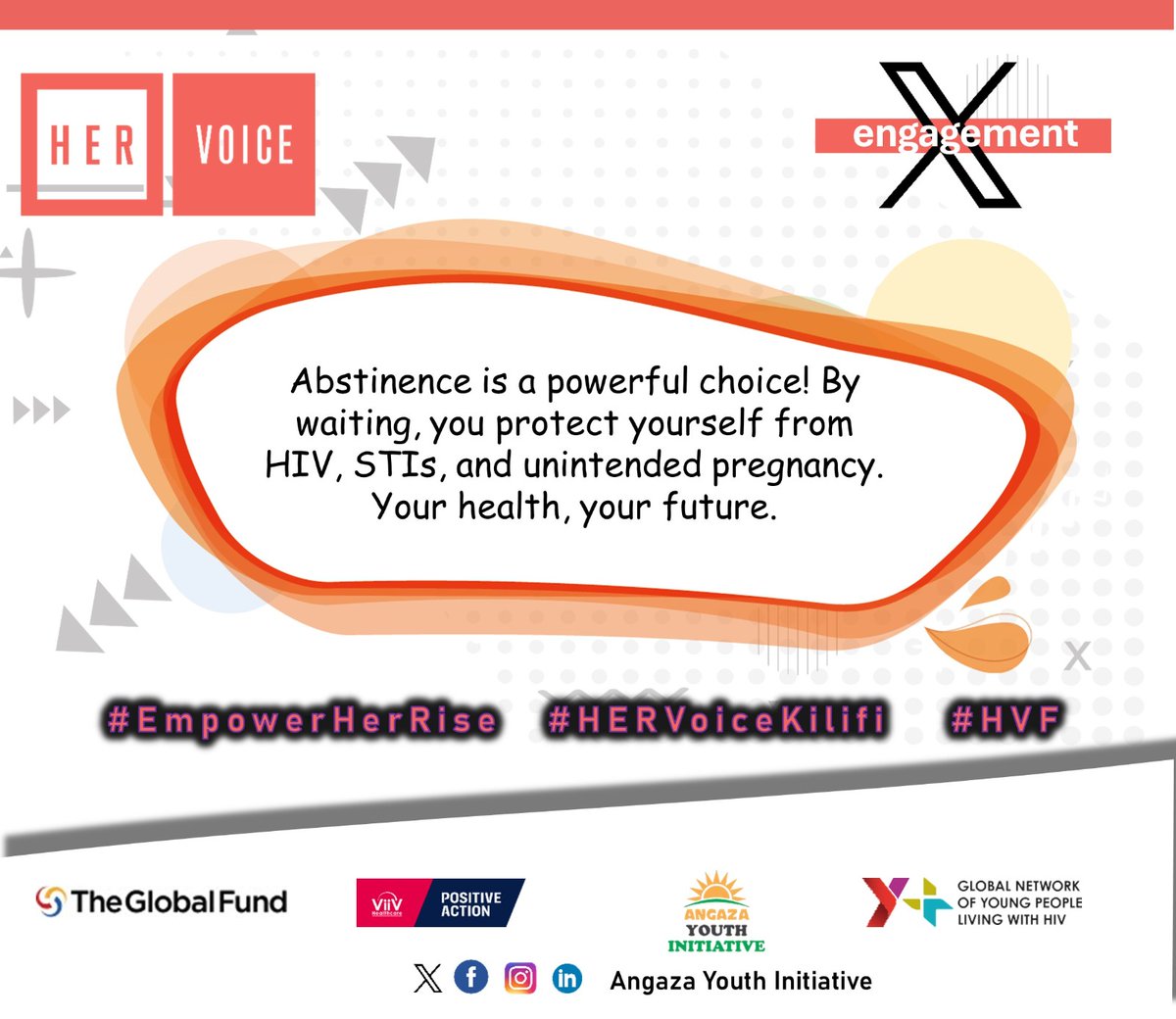 Choosing abstinence is choosing health. It’s a 100% effective way to prevent HIV and STIs. 
Your future is worth the wait. #HVF #HERVoiceKilifi #EmpowerHerRise
<a href="/ahfkenya/">AHF Kenya</a> <a href="/nsdcc_kenya/">National Syndemic Diseases Control Council</a> <a href="/Amref_Kenya/">Amref Health Africa in Kenya</a> <a href="/KenyaRedCross/">Kenya Red Cross</a> <a href="/HerVoiceFund/">HER VOICE FUND</a> <a href="/CSA_Kenya/">CSA</a> <a href="/MenEngageAfrica/">MenEngage Africa</a>