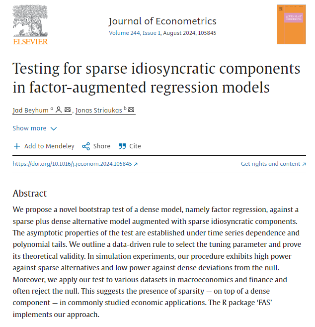 JadBeyhum's tweet photo. Happy to share that our paper "Testing for sparse idiosyncratic components in factor-augmented regression models" with @striaukas is now forthcoming at the Journal of Econometrics: https://t.co/hzWntzDhVL.  #econtwitter @LeuvenEconomics https://t.co/zXVOo8BgQE