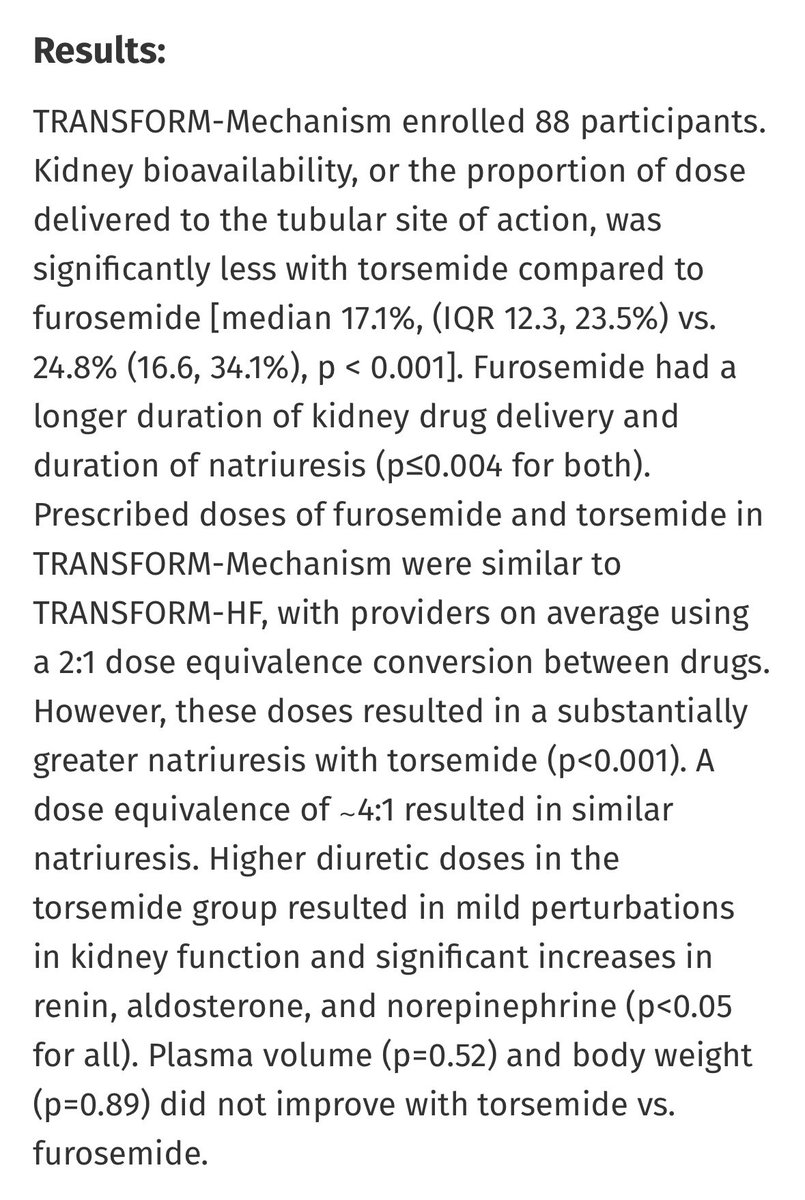 Mechanistic Differences between Torsemide and Furosemide

Prospective data debunks classic teachings

🔵No meaningful PK/PD advantages for T
🔵Kidney bioavailability less w T
🔵Ratio T:F was 4:1 (not 2:1!)
🔵T w ⬆️neurohormonal activ &amp; kidney dysfunction

journals.lww.com/jasn/abstract/…