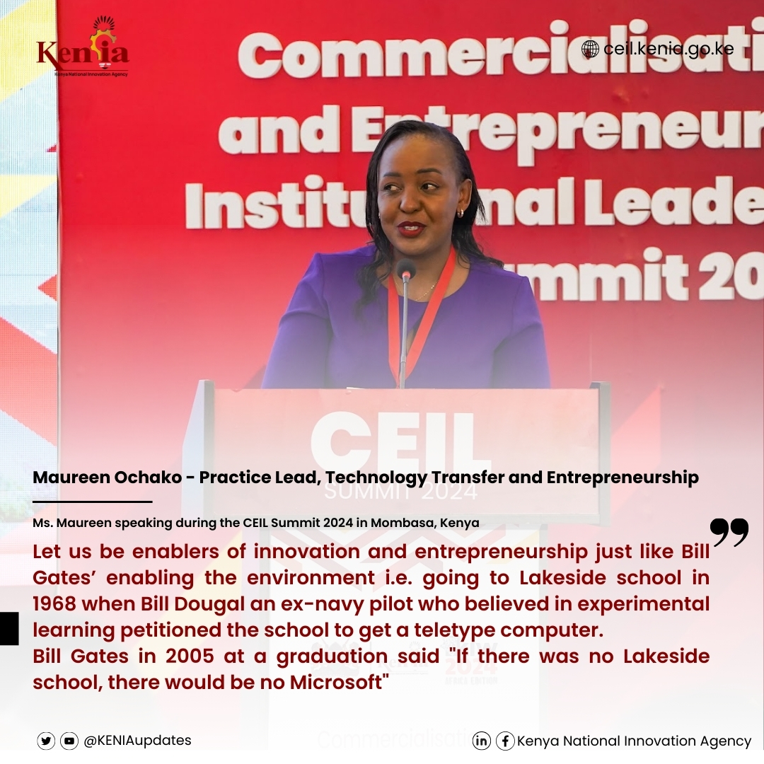 KENIAupdates's tweet photo. Empowering innovation requires enabling environments! 🌟 As @m_ochako highlights at the CEIL Summit 2024, let's support visionary ideas today to build the Microsofts of tomorrow. 
#CEILsummit2024 #InnovationLeadership https://t.co/RZ3AqT3wMi