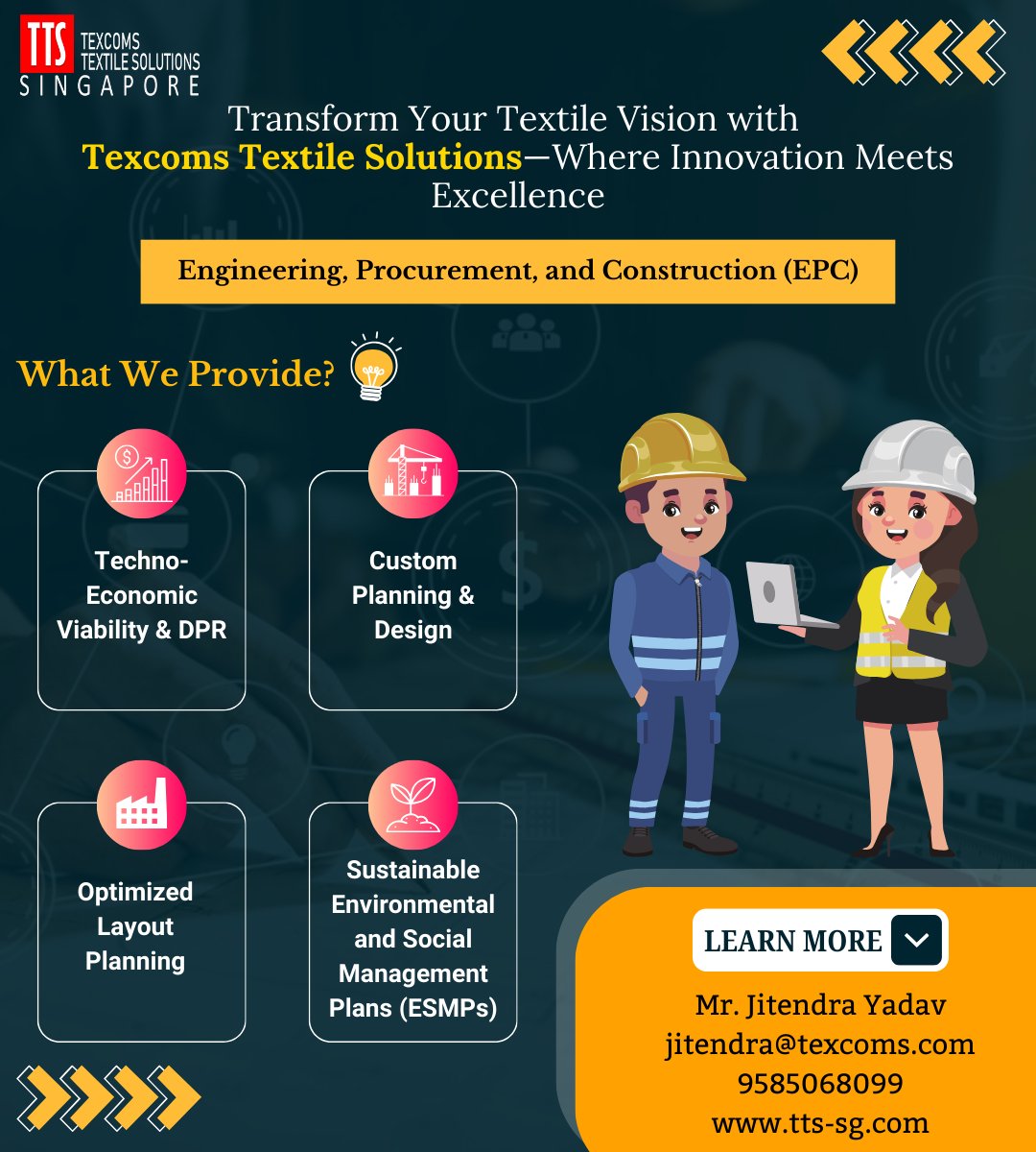 Elevate your textile ambitions with Texcoms Textile Solutions! Discover how our bespoke #EPC services, led by Mr. Jitendra Yadav, can transform your project into extraordinary success. 🌿 #TexcomsTextileSolutions #InnovateWithUs #SustainableSolutions