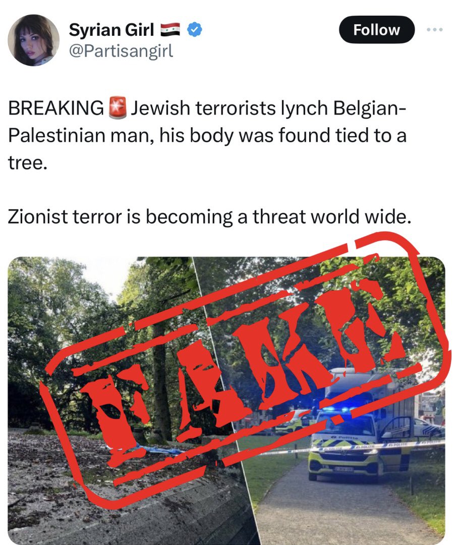 EllaTravelsLove's tweet photo. Fake News Alert 🚨 

This is fake, like most of Syrian Girl’s content.

This tweet got millions of views and tens of thousands of shares.

There is no evidence of a lynching, no suspects have been arrested, and there is no known connection to Jews.

Also, please note that she says “Jewish terrorists” and calls it “Zionist terror”—she just said the quiet part out loud. When they say “Zionist,” they mean “Jew.”

Lastly, it’s important to note that the vast majority of terrorist attacks in Europe are carried out by radical Islamists.

Follow for more showcases of assholes that spread fake news.