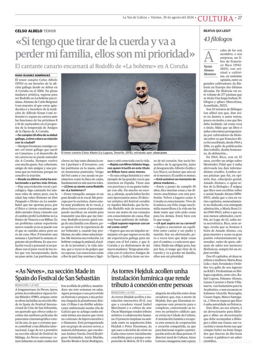 CelsoAlbeloTenor (@celsoalbelo) on Twitter photo #Entrevista <a href="/lavozdegalicia/">La Voz de Galicia</a>
¡A poco más de una semana de la inauguración de la temporada de <a href="/AmigosOperaCoru/">Amigos Ópera Coruña</a> con #LaBohème!
Lee la entrevista aquí!
👇
lavozdegalicia.es/noticia/cultur… #Entrevista <a href="/lavozdegalicia/">La Voz de Galicia</a>
¡A poco más de una semana de la inauguración de la temporada de <a href="/AmigosOperaCoru/">Amigos Ópera Coruña</a> con #LaBohème!
Lee la entrevista aquí!
👇
lavozdegalicia.es/noticia/cultur…