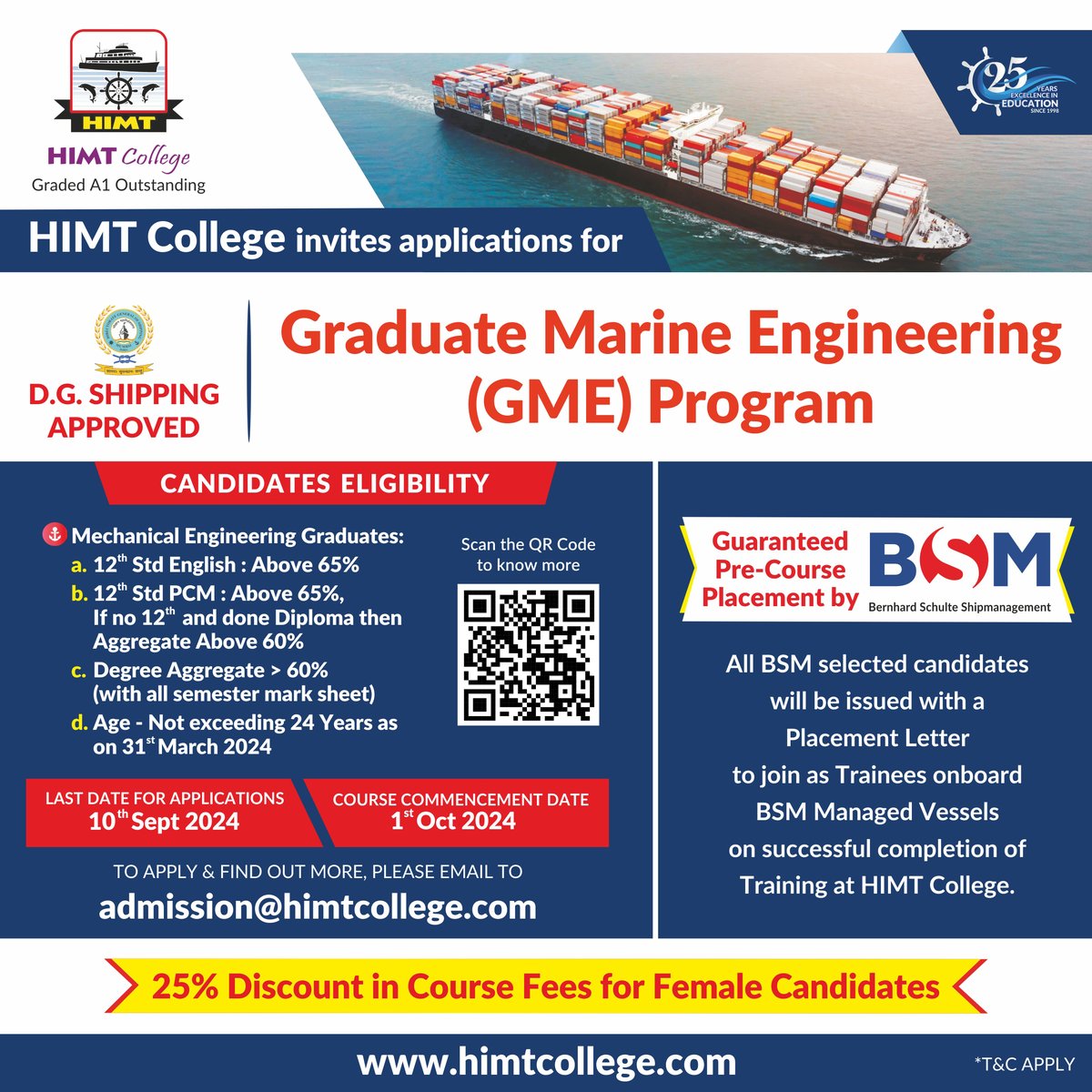 MarineInsight's tweet photo. Mechanical Engineering grads, join the Merchant Navy with #BSM's #GME Program via #HIMT
Eligibility: 12th English & PCM: > 65%
If no 12th & done Diploma then > 60%
Degree: > 60%
Age: ≤ 24
Apply by: 10th Sept 2024, Course starts: 1st Oct 2024
📧Apply: admission@himtcollege.com https://t.co/NfbulPuXrp
