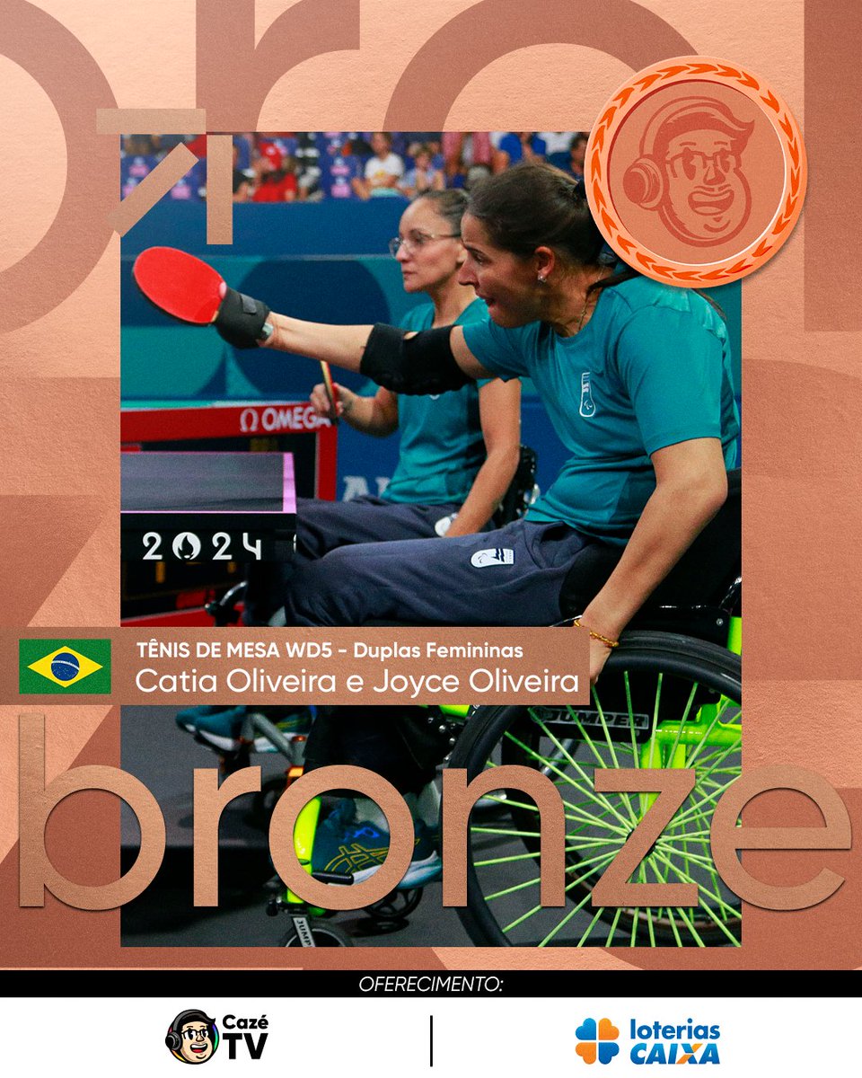 CazeTVOficial's tweet photo. É BRONZEEEEE!!! 🥉🥉🥉 Catia Oliveira e Joyce Oliveira garantiram MAIS UMA MEDALHA PARA O BRASIL! 🇧🇷🇧🇷🇧🇷 É A DUPLA OLIVEIRA E NÃO TEM JEEEEITO! 👏🌟

#ParalimpíadasNaCazéTV #Paris2024 #LoteriasCaixa https://t.co/yhXncG9uhI