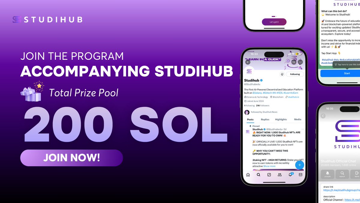 Strant_AI's tweet photo. 🔥 Join the Program Accompanying Studihub - Total Prize Pool of 200 SOL! 💎

Do you have a significant following and want to be part of a pioneering project? This is your chance to become a Studihub Ambassador and earn rewards from a total prize pool of 200 SOL! 🚀

Join Studihub today, the leading project applying AI and blockchain in education. Start your journey to becoming an Ambassador and receive valuable rewards today at https://t.co/qEtjE0a8UG! 📚

🎁 Exciting Rewards:

Each participant will receive 1 SOL upon completing the participation steps.

🌟 Simple Steps to Join:

1. Follow Studihub on X 📲
2. Like and Retweet the post ❤️🔄
3. Join the project's Telegram channel 🗣️
4. Join the Telegram group https://t.co/f15QVN9Vcg 💬
5. Join the Telegram Bot https://t.co/njCm1bH2q3 🤖
6. Fill out the form to confirm your participation https://t.co/yJf8M1wIud 📝

📈 Eligibility:

For those with good follower numbers and engagement on social media. 

We will proactively contact eligible participants to award prizes.

🔔 Note:

👉 Complete all steps to ensure you are eligible for the reward.

👉 Prizes will be awarded to qualified participants as soon as possible.

📣 Don’t miss this golden opportunity! Join now at https://t.co/qEtjE0a8UG to claim your reward and become part of the Studihub community.