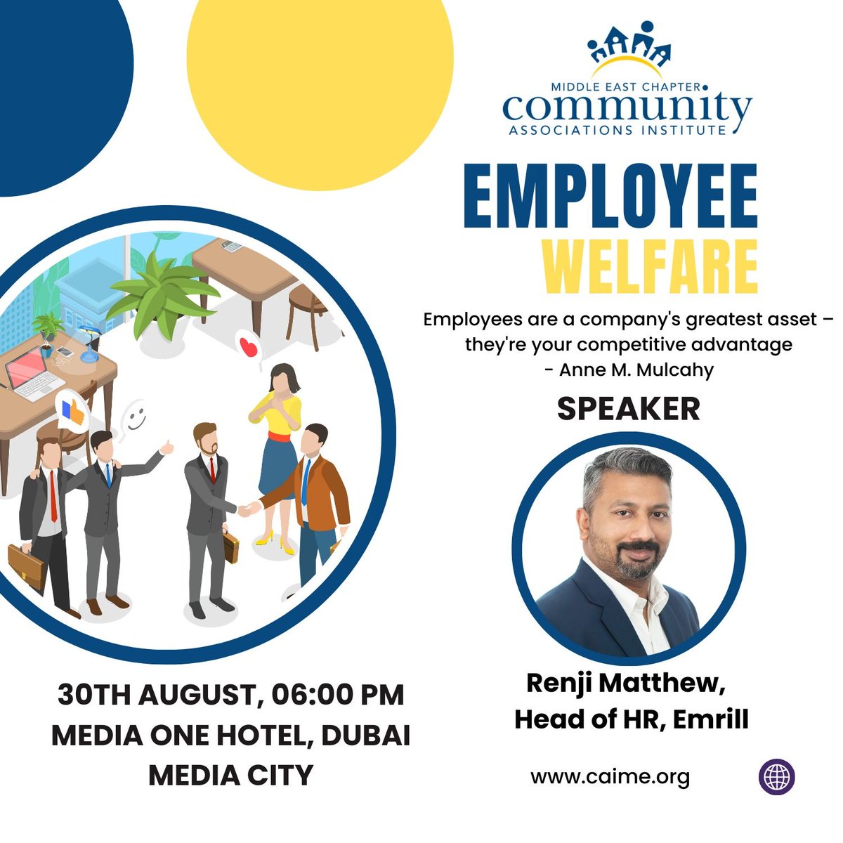 EmrillServices's tweet photo. HAPPENING TODAY: Our Head of HR, Renji Mathew, will speak at the CAIME monthly meeting at 6 PM on Employee Welfare. He’ll share insights and best practices from his experience at Emrill. Thanks, CAIME, for this chance to connect!

#ProudlyEmrill #CAIME https://t.co/2LdWlZGh1a