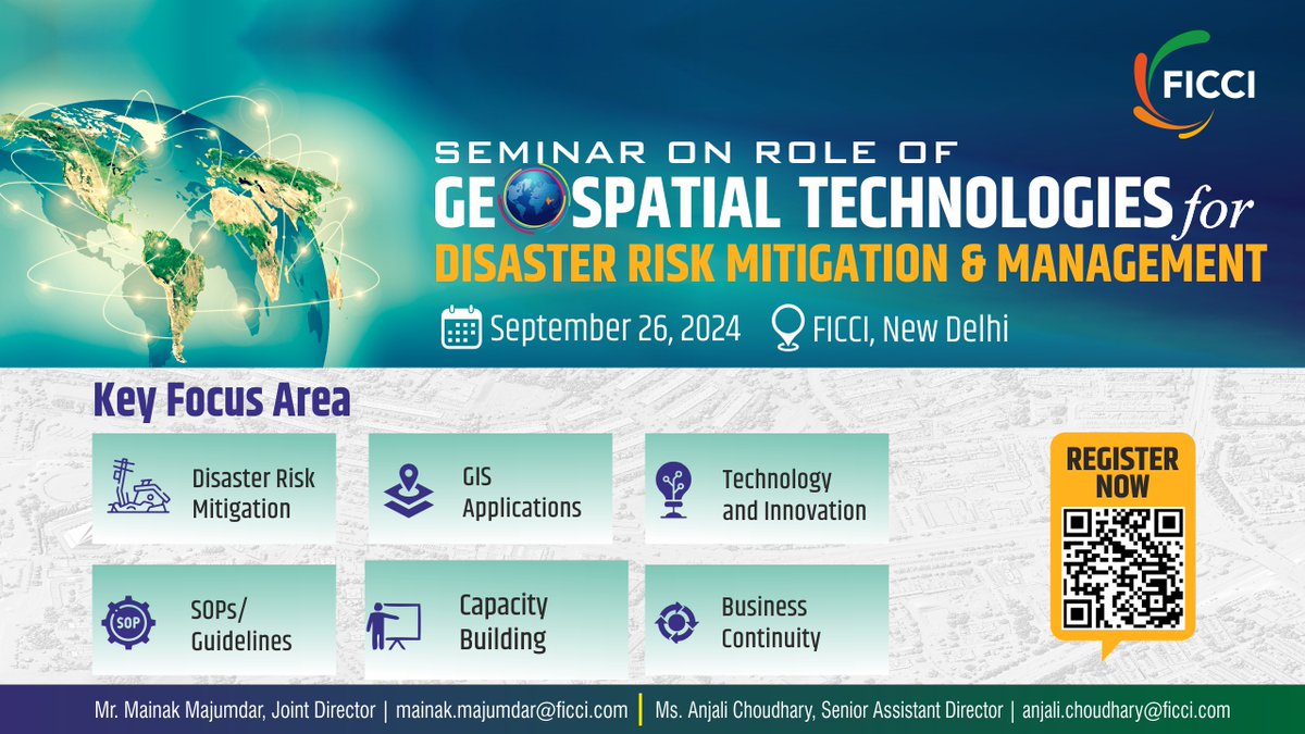 ficci_india's tweet image. Join us for the FICCI Seminar on the Role of Geospatial Technologies in Disaster Risk Mitigation &amp;amp; Management on 26 September 2024 at Federation House, New Delhi. 

This seminar will delve into the crucial role of #GeospatialTechnologies (GIS) in mitigating Hydro-Meteorological…