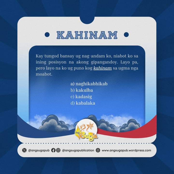 angsugapub's tweet photo. #Vocabiyernes #ASBuwanngWika2024 #WikangMapagpalaya

Para sa ikatulong #Vocabiyernes, kahigayonan ni para ipanghambog nato ang atong kahanas sa binisaya sa Cebu. 

Full story: https://t.co/j18XHvdEQ6 https://t.co/guQ6HJthvs
