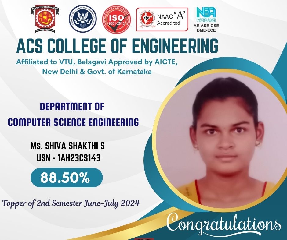 acscebangalore's tweet image. #ACSCE

#Congratulations on securing the top position in the 2nd-semester. Topper Student from the department of #Computer_Science_and_Engineering  Ms. SHIVA SHAKTHI S, USN - 1AH23CS143 - 88.50% in #VTU examinations of June-July 2024.

Best wishes on this incredible achievement.