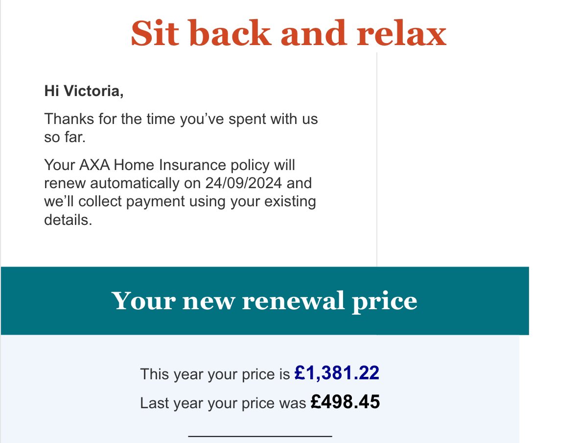 v1ckyleslie's tweet photo. @axainsurance sit back and relax and pay almost 300% home insurance increase.. I don’t think so. But thanks anyway! Ok byeeee https://t.co/DXNo1ilPGY