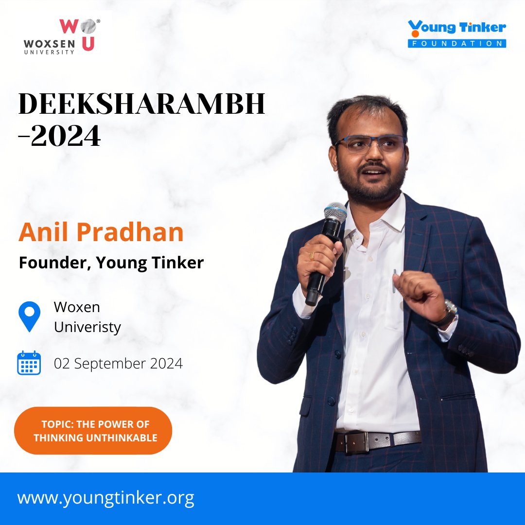 YoungTinkerFdn's tweet photo. Our founder, Shri @AnilPradhanEdu will be delivering an inspiring talk on "Art of Thinking the Unthinkable" at the School of Tech, @Woxsen University, on September 2nd, 2024. This event is part of the orientation program designed to welcome the new cohort of engineering students. https://t.co/dN66BnTRbX