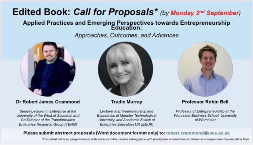 Dr Robert J Crammond (@adveeuni) on Twitter photo 📚 Call for Abstract / Chapter proposals
“Applied Practices and Emerging Perspectives towards Entrepreneurship Education: Approaches, Outcomes, and Advances”
Editors: <a href="/AdvEEUni/">Dr Robert J Crammond</a>, <a href="/TrudieMur/">Dr Trudie Murray</a> & <a href="/dr_robinbell/">Robin Bell</a>
Link for more info 👉
linkedin.com/posts/robertcr… 📚 Call for Abstract / Chapter proposals
“Applied Practices and Emerging Perspectives towards Entrepreneurship Education: Approaches, Outcomes, and Advances”
Editors: <a href="/AdvEEUni/">Dr Robert J Crammond</a>, <a href="/TrudieMur/">Dr Trudie Murray</a> & <a href="/dr_robinbell/">Robin Bell</a>
Link for more info 👉
linkedin.com/posts/robertcr…