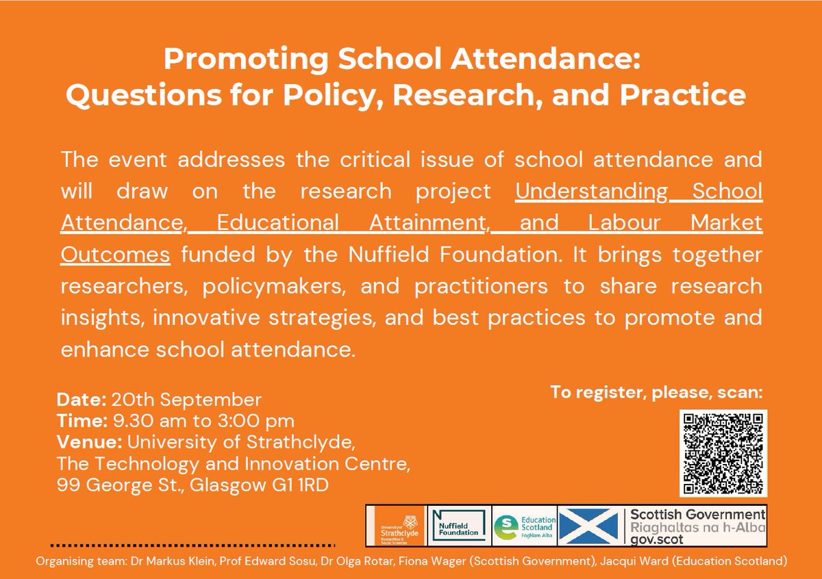 Strathclyde Institute of Education (@strathedu) on Twitter photo š
Join us on Sept 20th to explore strategies for promoting school attendance!
Hear from experts, network, and dive into research funded by <a href="/NuffieldFound/">Nuffield Foundation</a>.
š 9:30 am - 3:00 pm
šUni Strathclyde, The Technology and Innovation Centre
Register here: shorturl.at/ivuPd š
Join us on Sept 20th to explore strategies for promoting school attendance!
Hear from experts, network, and dive into research funded by <a href="/NuffieldFound/">Nuffield Foundation</a>.
š 9:30 am - 3:00 pm
šUni Strathclyde, The Technology and Innovation Centre
Register here: shorturl.at/ivuPd