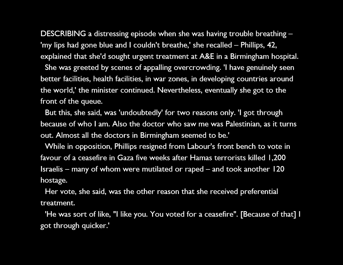 PaulEmbery's tweet image. If it is true that Jess Phillips - who is now a government minister - received preferential treatment in an NHS hospital because of both her status and her views on the conflict in Gaza, it would be an outrage. She needs to clarify the matter, and so does the hospital concerned.