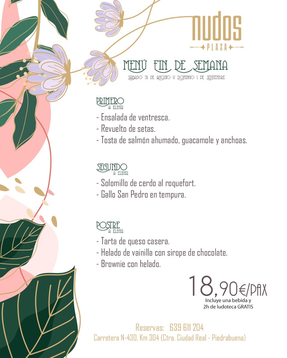 🌟 ¡El Menú de Fin de Semana Regresa a Nudos Plaza! 🌟

Este fin de semana, vuelve a disfrutar de nuestro popular menú de fin de semana en Nudos Plaza por solo 18,90€. Incluye una bebida y 2 horas de ludoteca GRATIS para los niños. 🎉

📞 Reserva tu mesa ahora: 639 611 204