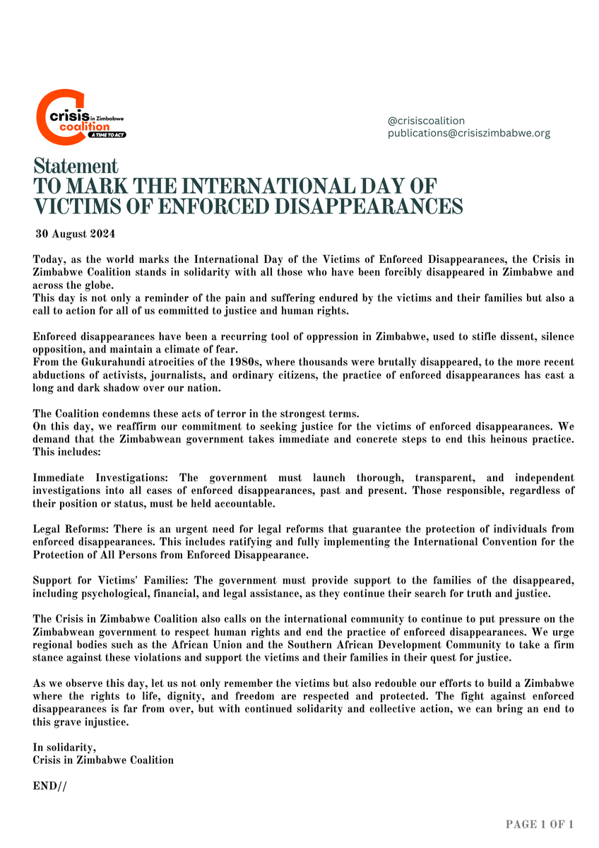 Crisis in Zimbabwe Coalition (@crisiscoalition) on Twitter photo Today, as the world marks the International Day of the Victims of Enforced Disappearances, <a href="/crisiscoalition/">Crisis in Zimbabwe Coalition</a> stands in solidarity with all those who have been forcibly disappeared in Zimbabwe and across the globe. Today, as the world marks the International Day of the Victims of Enforced Disappearances, <a href="/crisiscoalition/">Crisis in Zimbabwe Coalition</a> stands in solidarity with all those who have been forcibly disappeared in Zimbabwe and across the globe.