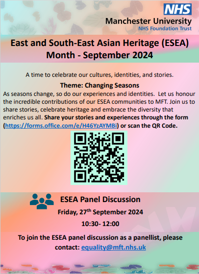 MFT_EDI (@mft_edi) on Twitter photo To celebrate the cultures, histories and contributions of colleagues from East and South-East Asians (ESEA) heritage, MFT is celebrating ESEA Heritage Month in September. Look out in MFTTime for events #changingseasons #ESEAHM2024
<a href="/MFTnhs/">MFT NHS</a> <a href="/MFT_CSS/">MFT_CSS</a> <a href="/MFT_MRI/">Manchester Royal Infirmary</a> <a href="/NorthMcrGH_NHS/">North Manchester General Hospital</a> To celebrate the cultures, histories and contributions of colleagues from East and South-East Asians (ESEA) heritage, MFT is celebrating ESEA Heritage Month in September. Look out in MFTTime for events #changingseasons #ESEAHM2024
<a href="/MFTnhs/">MFT NHS</a> <a href="/MFT_CSS/">MFT_CSS</a> <a href="/MFT_MRI/">Manchester Royal Infirmary</a> <a href="/NorthMcrGH_NHS/">North Manchester General Hospital</a>
