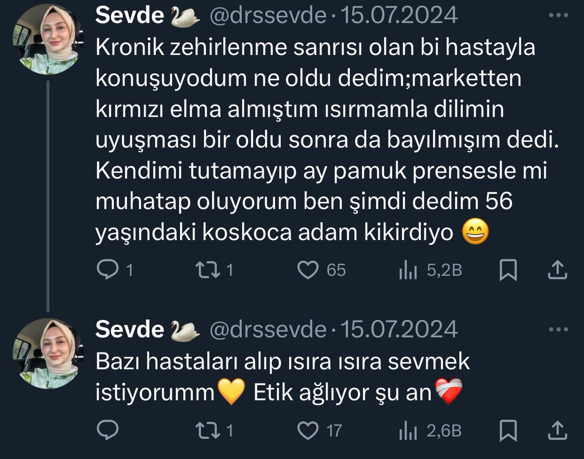 Psikiyatri çok özel bir branş. Bu gibi insanlar bölüme girmeden önce çook detaylı testlerden geçmeli. Hastaların semptomlarını twittera taşıyıp etkileşim peşinde koşan, iğrenç ve etik dışı insanlar bu branşa KABUL EDİLMEMELİ. Hastalarına yapabileceği kötülüklerin ucu bucağı yok.