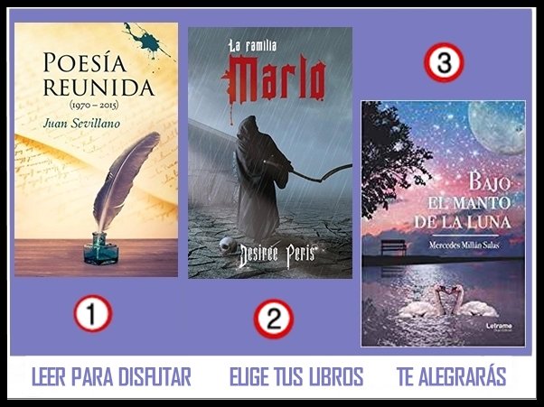 Entra en los enlaces y elige tus #libros #TeAlegrarás

1 amzn.to/2VkF8qX
2 amzn.to/2FboSA8
3 amzn.to/2IfOPRd

<a href="/RoMemoria/">Juan Sevillano</a>
<a href="/DesyEscritora/">Desirée P. Pérez 📖 ✍</a>
<a href="/mermisal/">Mercedes Millán</a>
#queleer #lectura