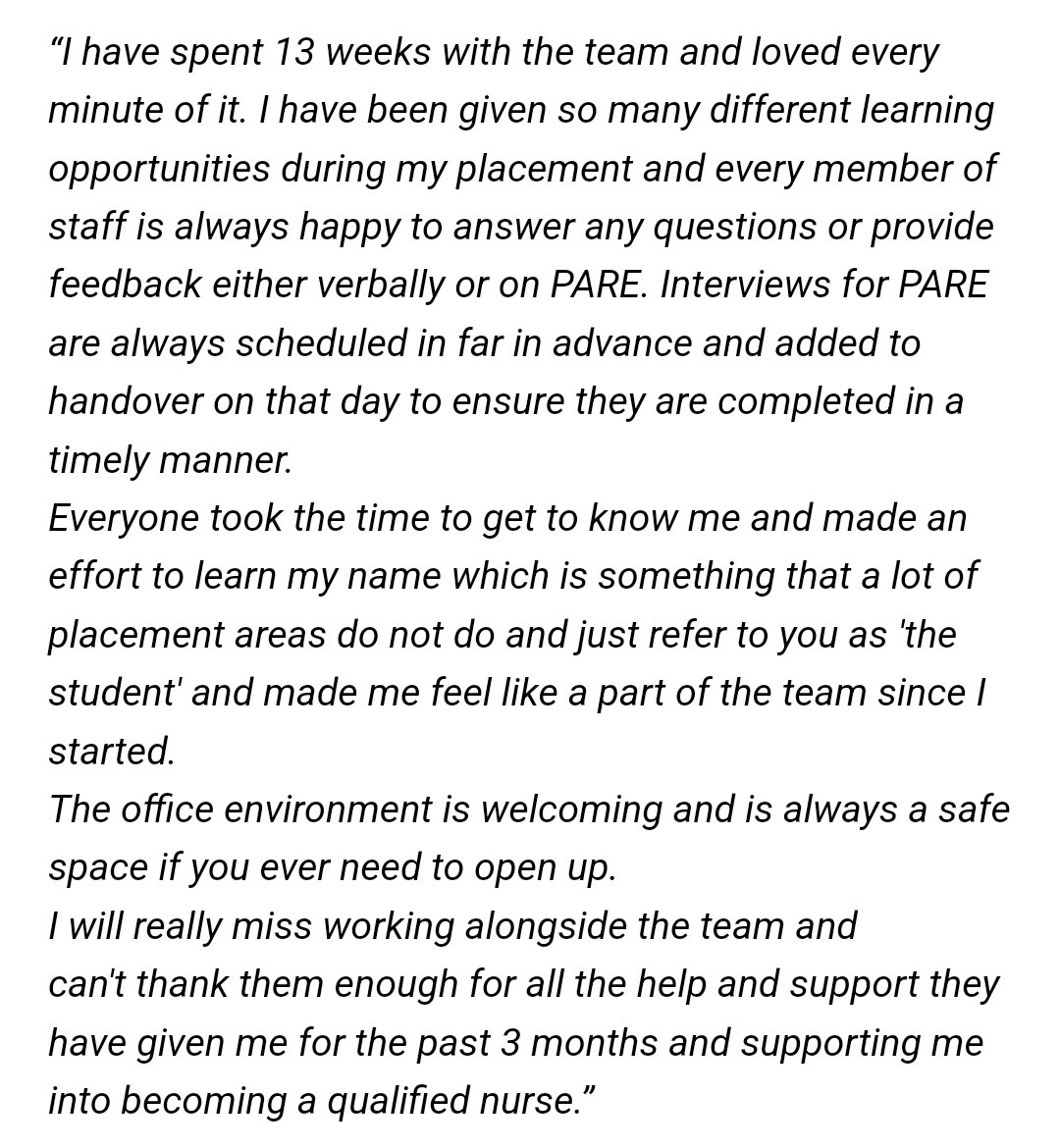 MFT Pre-Reg Education Team (@mft_pret) on Twitter photo Outstanding Learning Environment Award 🌟
3rd Year UoS Learner, Darcy, nominated the Trafford – Children’s Community Nursing Team for an outstanding learning environment award 👏🏼
Read Darcys nomination below 👇🏼
Well Done <a href="/TraffCcnt/">Trafford Children's Community Nursing Team</a> 🤩 Outstanding Learning Environment Award 🌟
3rd Year UoS Learner, Darcy, nominated the Trafford – Children’s Community Nursing Team for an outstanding learning environment award 👏🏼
Read Darcys nomination below 👇🏼
Well Done <a href="/TraffCcnt/">Trafford Children's Community Nursing Team</a> 🤩