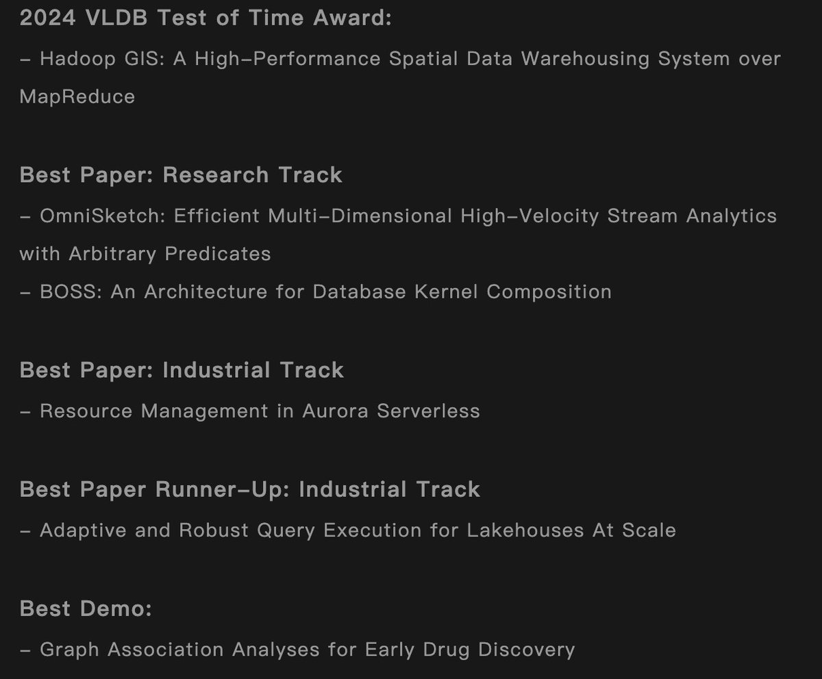VLDB2024's tweet image. 🎉 Announcing the #VLDB2024 Awards! Congratulations to all the winners! 🏆 Well-deserved recognition for groundbreaking work in data management! 🚀 #DatabaseTech #AI
