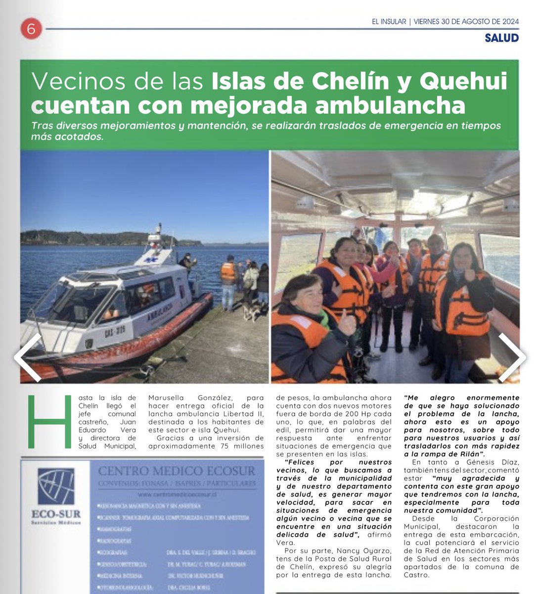 [PRENSA] El periódico El Insular destaca en su edición de viernes, la entrega de la ambulancha que hiciera el alcalde Juan Eduardo Vera Sanhueza, a las comunidades de Chelín y Quehui.
