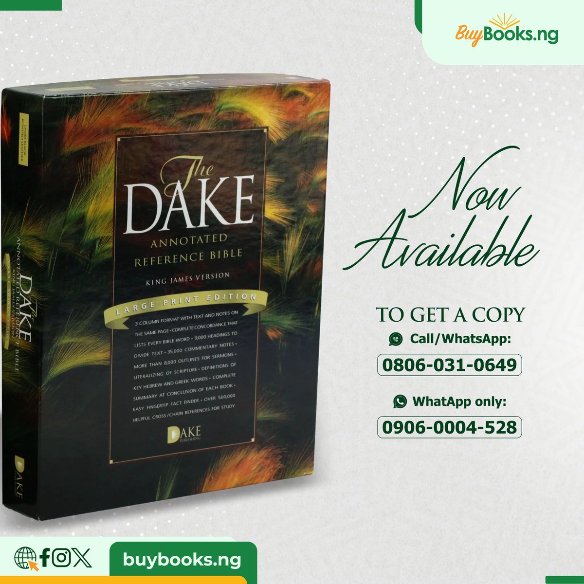 Buybooksng's tweet image. The Dake Study Bible Or Dake Annotated Reference Bible. It comes In Hard and Leather Cover, with over 35,000 commentary notes.

The notes make the Bible, the most in-depth Study Bible available.

Order Now: buybooks.ng
wa.me/09060004528
#dake #Bible #buybooksng