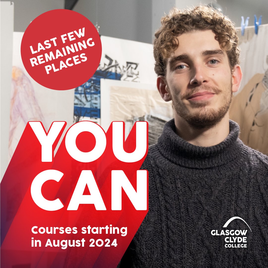 Glasgow_Clyde's tweet photo. ๐ฃ Last remaining places available on full time courses to start soon.
Find out more and apply now here โก https://t.co/6WoE3LpiE8
#YouCan #AugustCourses #CollegeCourses #GlasgowClydeCollege https://t.co/ytAwrXui8Z