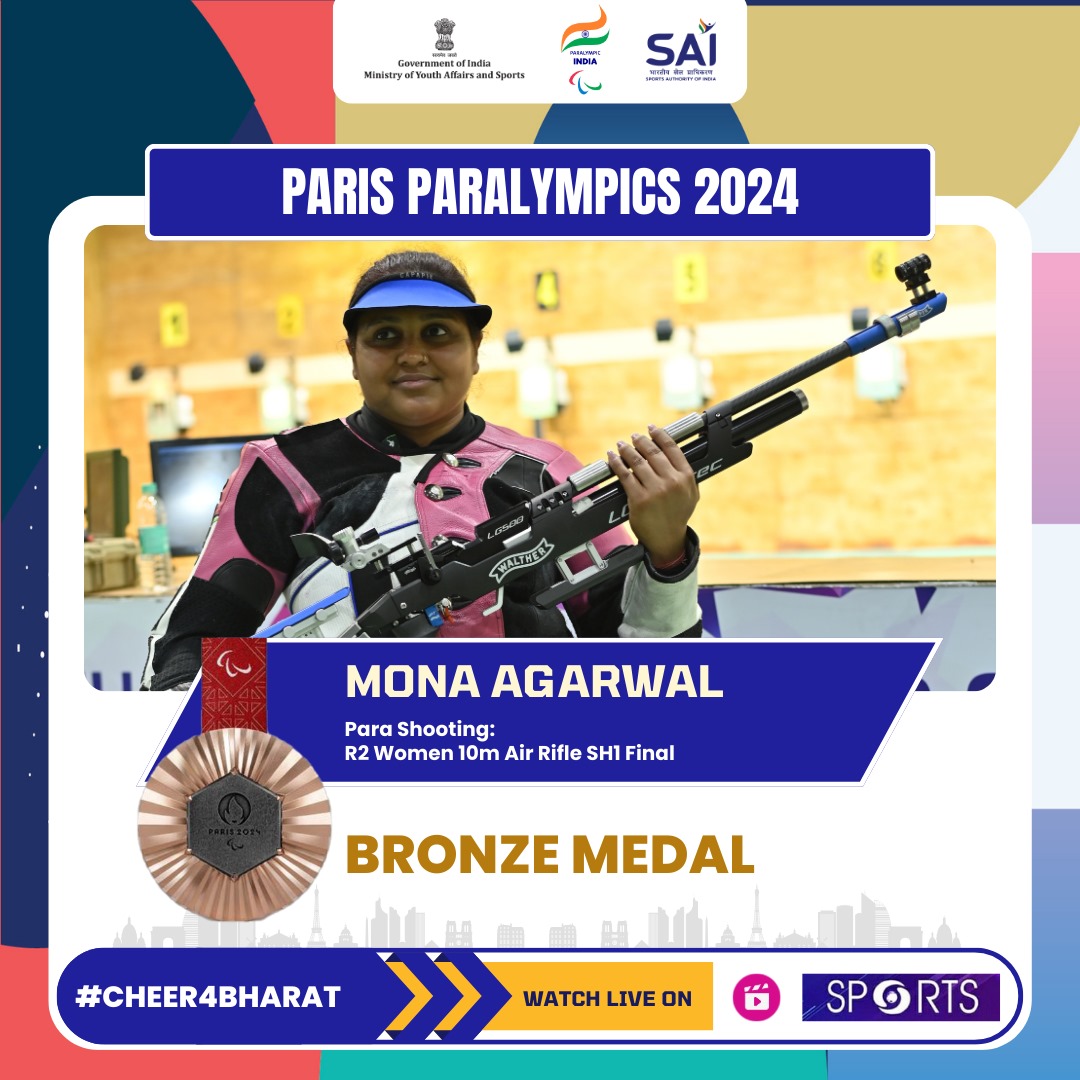 🇮🇳 Result Update: #ParaShooting R2 Women's 10m Air Rifle SH1 Final👇

Our debutant shooter Mona Agarwal gets #Bronze🥉

The SH1 Rifle shooter turned up to the #ParisParalympics2024 R2 - Women's 10m Air Rifle Standing finale with a sensational performance. 

Mona joins compatriot