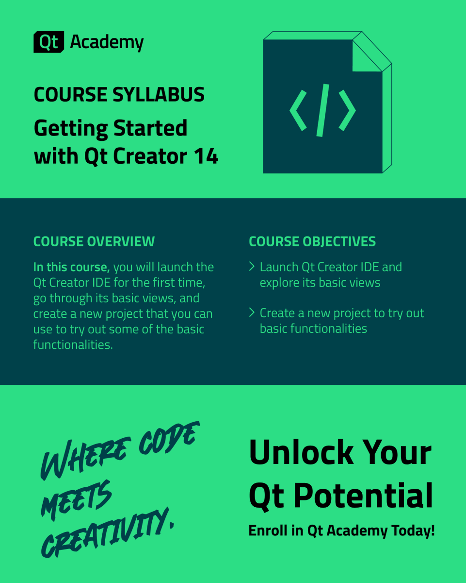 qtproject's tweet image. A new Qt Academy course is now accepting students: Getting Started with Qt Creator 14! 🎓

Enroll in our FREE course today and get started on your path to Qt excellency: hubs.li/Q02N06RF0

#QtCreator #SoftwareDeveloper #FreeCourses #eLearning #Coding