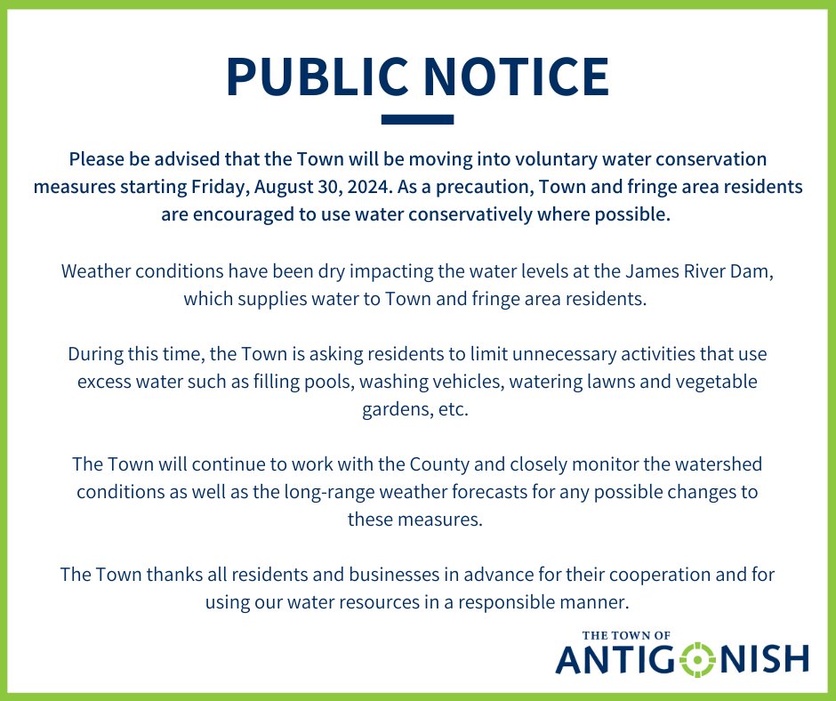 Town of Antigonish (@antigonishtown) on Twitter photo Public Notice Reminder:
Voluntary water conservation measures are now in place. Town and fringe area residents are encouraged to use water conservatively where possible.
<a href="/AntigonishCo/">Antigonish County</a> Public Notice Reminder:
Voluntary water conservation measures are now in place. Town and fringe area residents are encouraged to use water conservatively where possible.
<a href="/AntigonishCo/">Antigonish County</a>