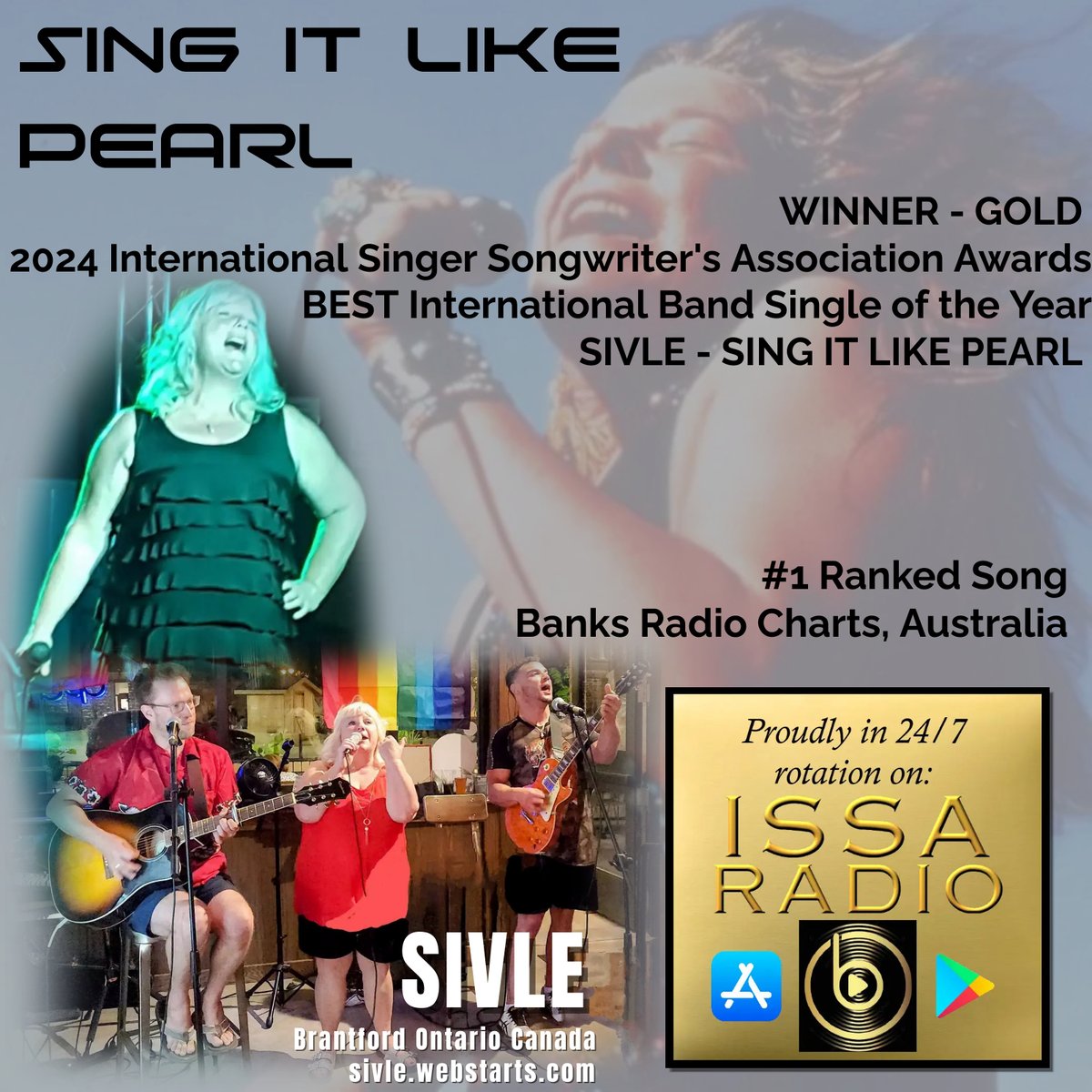 SIVLE - Rock Band (@sivleization) on Twitter photo Our band SIVLE has won GOLD for Best INTERNATIONAL Single of the Year for SING IT LIKE PEARL -- our salute to Janis Joplin, at the 2024 International Singer Songwriter's Awards in Atlanta Georgia. This is equivalent to the Grammy's for Indie Music.
<a href="/ISSAsongwriters/">INTL SINGER-SONGWRITERS ASSOC</a>
<a href="/SIVLEization/">SIVLE - Rock Band</a> Our band SIVLE has won GOLD for Best INTERNATIONAL Single of the Year for SING IT LIKE PEARL -- our salute to Janis Joplin, at the 2024 International Singer Songwriter's Awards in Atlanta Georgia. This is equivalent to the Grammy's for Indie Music.
<a href="/ISSAsongwriters/">INTL SINGER-SONGWRITERS ASSOC</a>
<a href="/SIVLEization/">SIVLE - Rock Band</a>