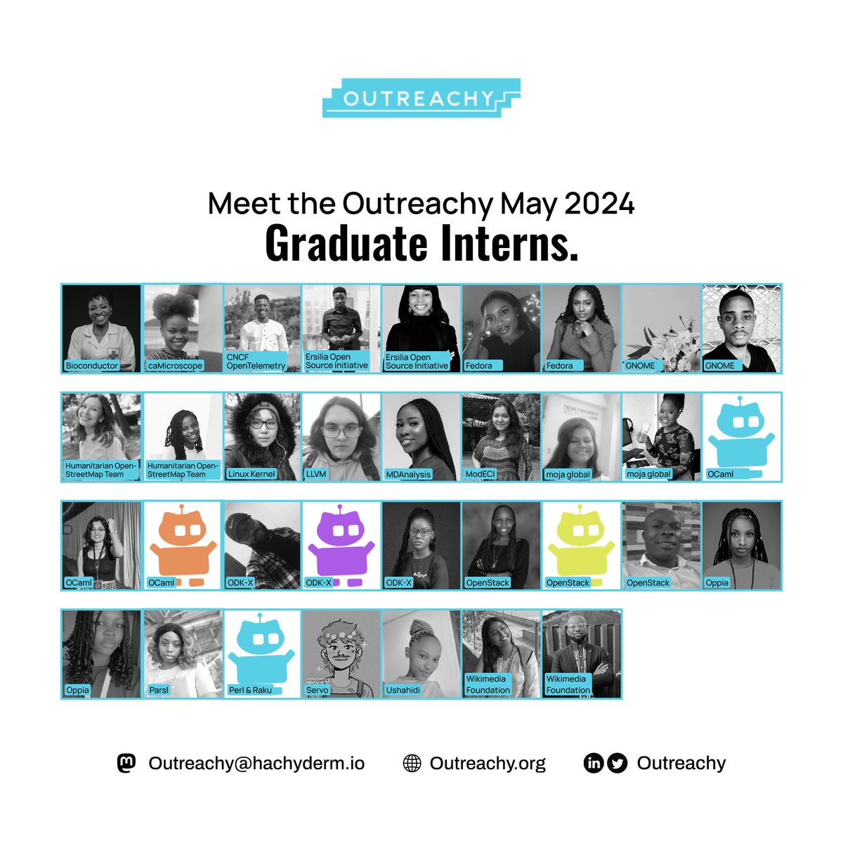outreachy's tweet image. We recently graduated another set of interns!  

Congratulations to the May 2024 interns on completing their internship.

We are proud of your hard work, dedication, &amp;amp; impact on various community projects.  

#Outreachy #RemoteInternship #OpenSource #OpenScience #Internship #FOSS