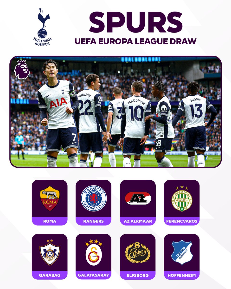 Spurzista's tweet photo. #UEL Tottenham

🇮🇹 Roma
🇳🇱 AZ Alkmaar
🇦🇿 Qarabag
🇸🇪 Elfsborg
🏴󠁧󠁢󠁳󠁣󠁴󠁿 Rangers
🇭🇺 Ferencváros
🇹🇷 Galatasaray
🇩🇪 Hoffenheim https://t.co/xdCewmCLh9