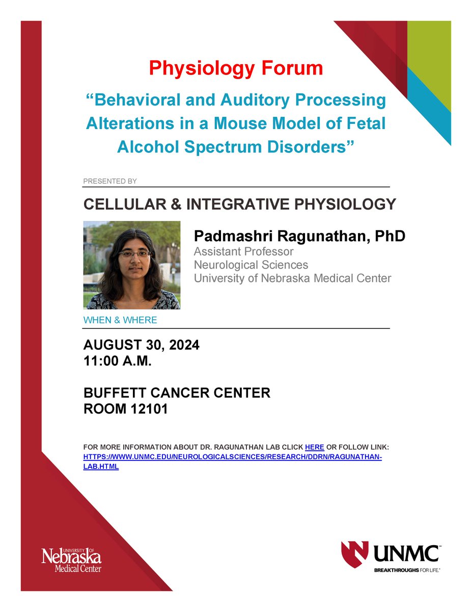 UNMC Physiology (@unmc_physiology) on Twitter photo Join us at the Physiology Forum today at 11:00 a.m. Dr. Padmashri Ragunathan will be presenting "Behavioral and Auditory Processing Alterations in a Mouse Model of Fetal Alcohol Spectrum Disorders"
@Gundrylab <a href="/UNMC_CHVR/">UNMC Center for Heart and Vascular Research</a> Join us at the Physiology Forum today at 11:00 a.m. Dr. Padmashri Ragunathan will be presenting "Behavioral and Auditory Processing Alterations in a Mouse Model of Fetal Alcohol Spectrum Disorders"
@Gundrylab <a href="/UNMC_CHVR/">UNMC Center for Heart and Vascular Research</a>