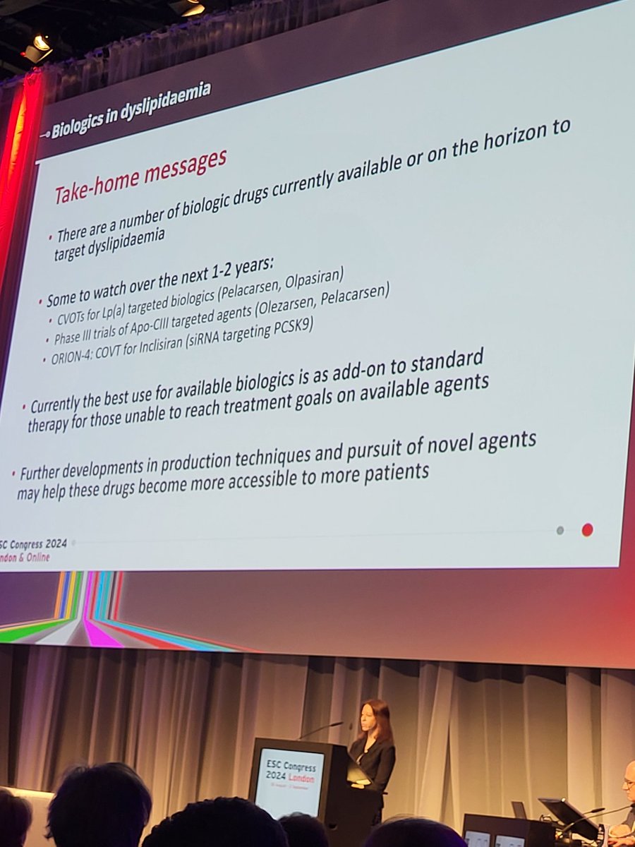 Biologics in dyslipidaemia. Trials underway targeting lowering Lp(a) and Apo-CIII. 2026 for CV outcomes data for inclisiran. Watch this space! #ESCCongress