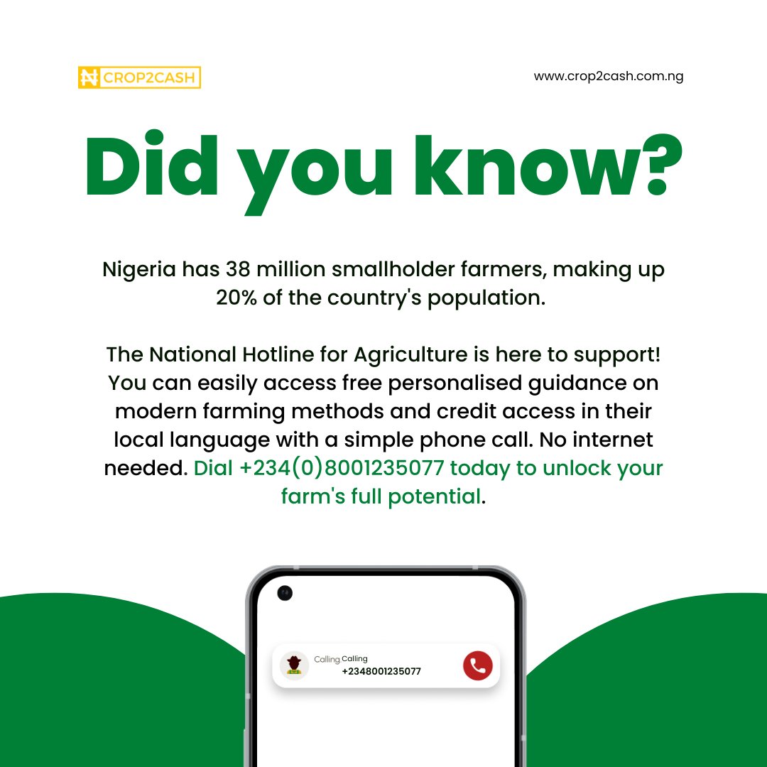 Want to transform your farm?

To get guidance on:
👉🏻 Accessing credit
👉🏻 Using improved seeds
👉🏻 Modern farming techniques

Don't let your farm fall behind. Make the call to +234(0)8001235077 now and join the agricultural revolution!
#EmpoweringFarmers #AgriTech #crop2cash