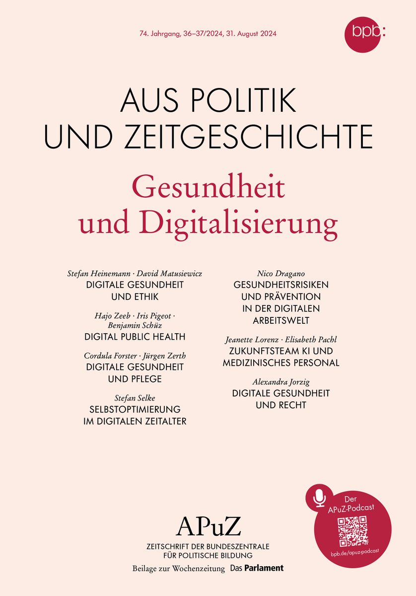 APuZ (@apuz_bpb) on Twitter photo Die neue APuZ #Gesundheit und #Digitalisierung ist soeben online gegangen - u.a. mit Beiträgen zu #Ethik, #Digitalpublichealth, #Pflege, #Selbstoptimierung und #ArtificialIntelligence. <a href="/dmatusiewicz/">Prof. Dr. David Matusiewicz</a> @BSchuez <a href="/StefanSelke/">Stefan Selke</a> <a href="/ajorzig/">Alexandra Jorzig</a>
bpb.de/shop/zeitschri… Die neue APuZ #Gesundheit und #Digitalisierung ist soeben online gegangen - u.a. mit Beiträgen zu #Ethik, #Digitalpublichealth, #Pflege, #Selbstoptimierung und #ArtificialIntelligence. <a href="/dmatusiewicz/">Prof. Dr. David Matusiewicz</a> @BSchuez <a href="/StefanSelke/">Stefan Selke</a> <a href="/ajorzig/">Alexandra Jorzig</a>
bpb.de/shop/zeitschri…