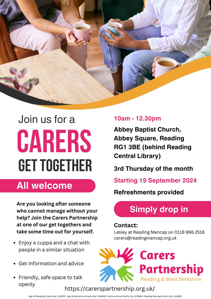 Family carers are invited to pop along for a cuppa and a chat at a new monthly get together. Starting Thurs 19 Sept, the new group will meet at the Abbey Baptist Church, Abbey Square, Reading RG1 3BE from 10am – 12.30pm. All carers – not just learning disability – welcome.