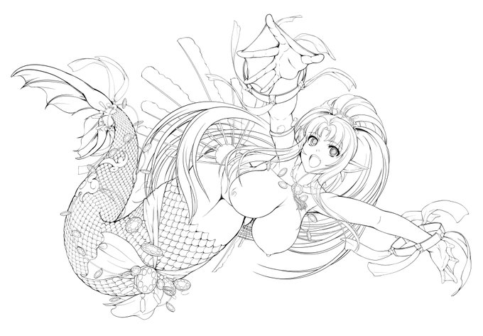 約10000*15000ピクセルというクソデカサイズ作画の人魚ちゃんの線画がこちら 