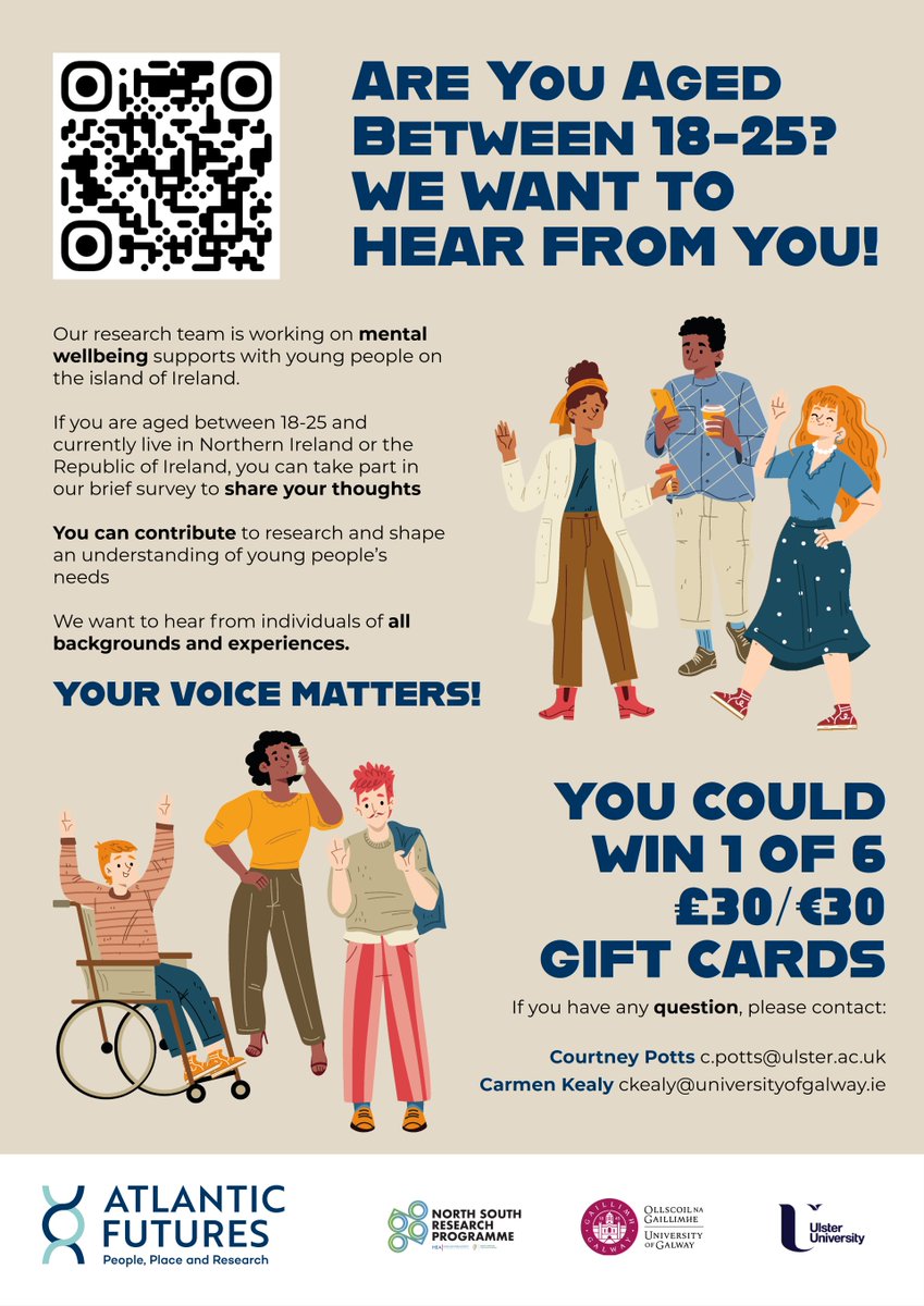 Are you (or someone you know) aged 18-25?

Your voice could help shape important #AtlanticFutures research into improving mental health support for young people in Ireland. We'd love to hear from you. 

For more info (or to register)
bit.ly/af4study  

<a href="/hea_irl/">HEA</a> #NSRP