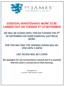 stjamesleeds's tweet photo. On Tuesday the 3rd of September, the Leeds branch will be closed until 1pm due to some essential electrical work that needs to be carried out that morning. Any queries please call 0113 243 2129 or see website https://t.co/G6lg4jYvWz https://t.co/oGuZ9fIB33
