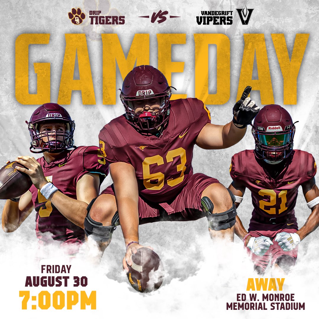 DripFB's tweet photo. Hey #TIGERNATION, it's  #GAMEDAY!  
🆚: Vandegrift 
🕢: 7:00 PM
📍: Monroe Memorial Stadium
🎟: https://t.co/oGfNGRDoiO
👀: https://t.co/SRyyj4F65p
📻: https://t.co/LiN42PMEWB
📱: https://t.co/yKKNZUHr1I 

#fridaynightlights #dripfootball #football #tpd #ambush #txhsfb https://t.co/50X0WJfIux