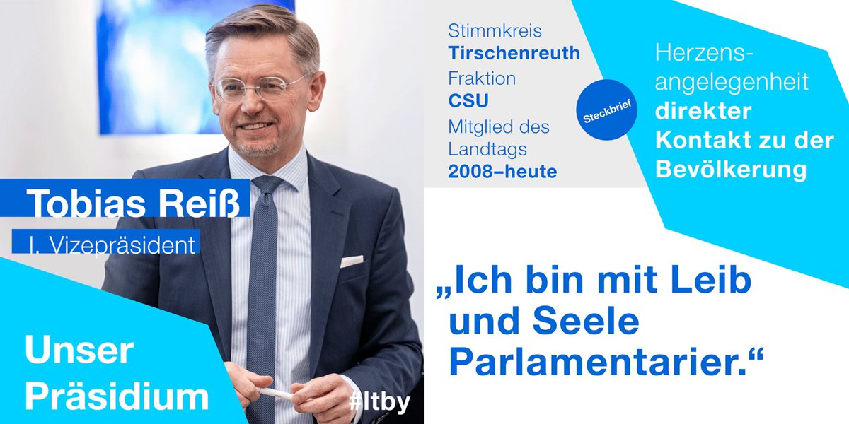 Teil 2 unserer neuen Reihe #UnserPräsidium: heute mit unserem I. Vizepräsidenten <a href="/TobiasReissMdL/">Tobias Reiß</a>. 👉 Wie lange ist er schon im Bayerischen Landtag? Was ist seine #Herzensangelegenheit und was ist ihm besonders wichtig? #Steckbrief #Präsidium
