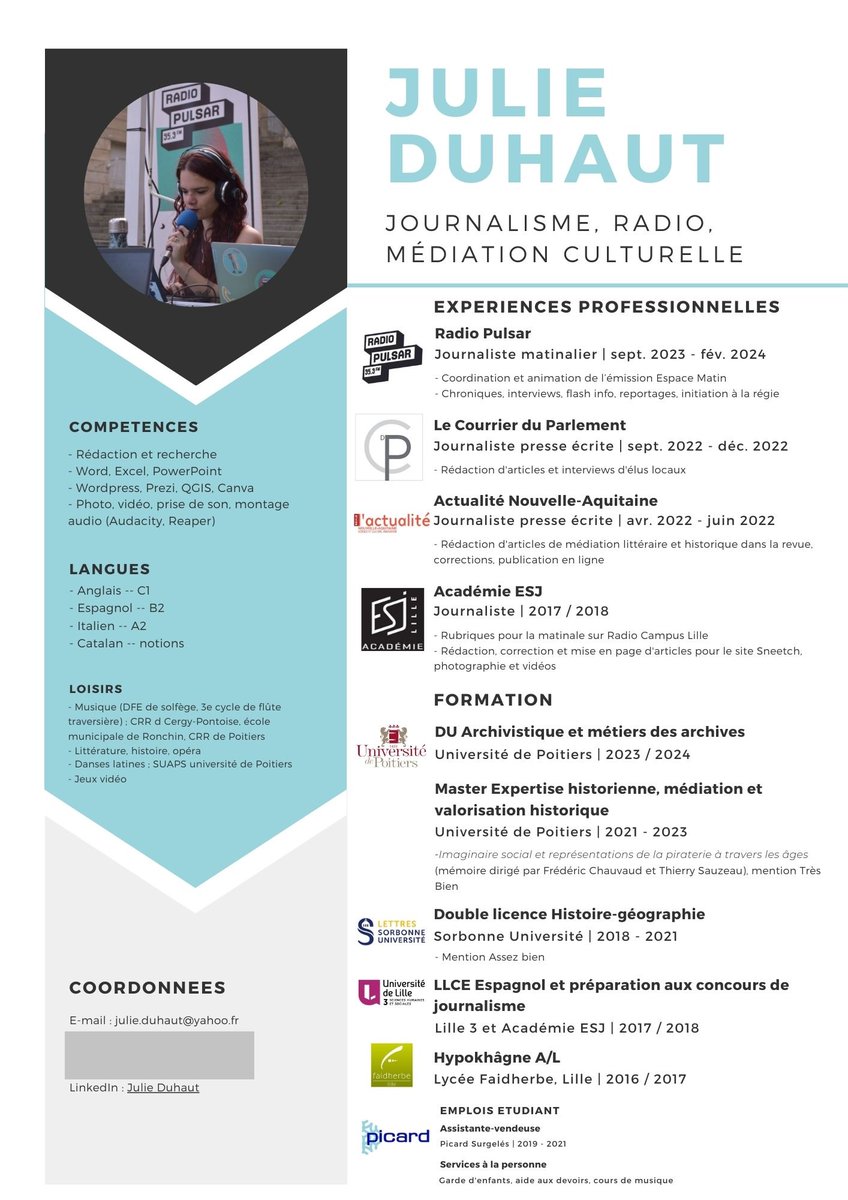 Je ne pensais pas devoir en arriver là mais le média qui devait me prendre en alternance m'a lâchée au dernier moment, je suis donc à la recherche d'un contrat en journalisme en urgence ! Ma formation est assurée par l'ESJ Pro Montpellier