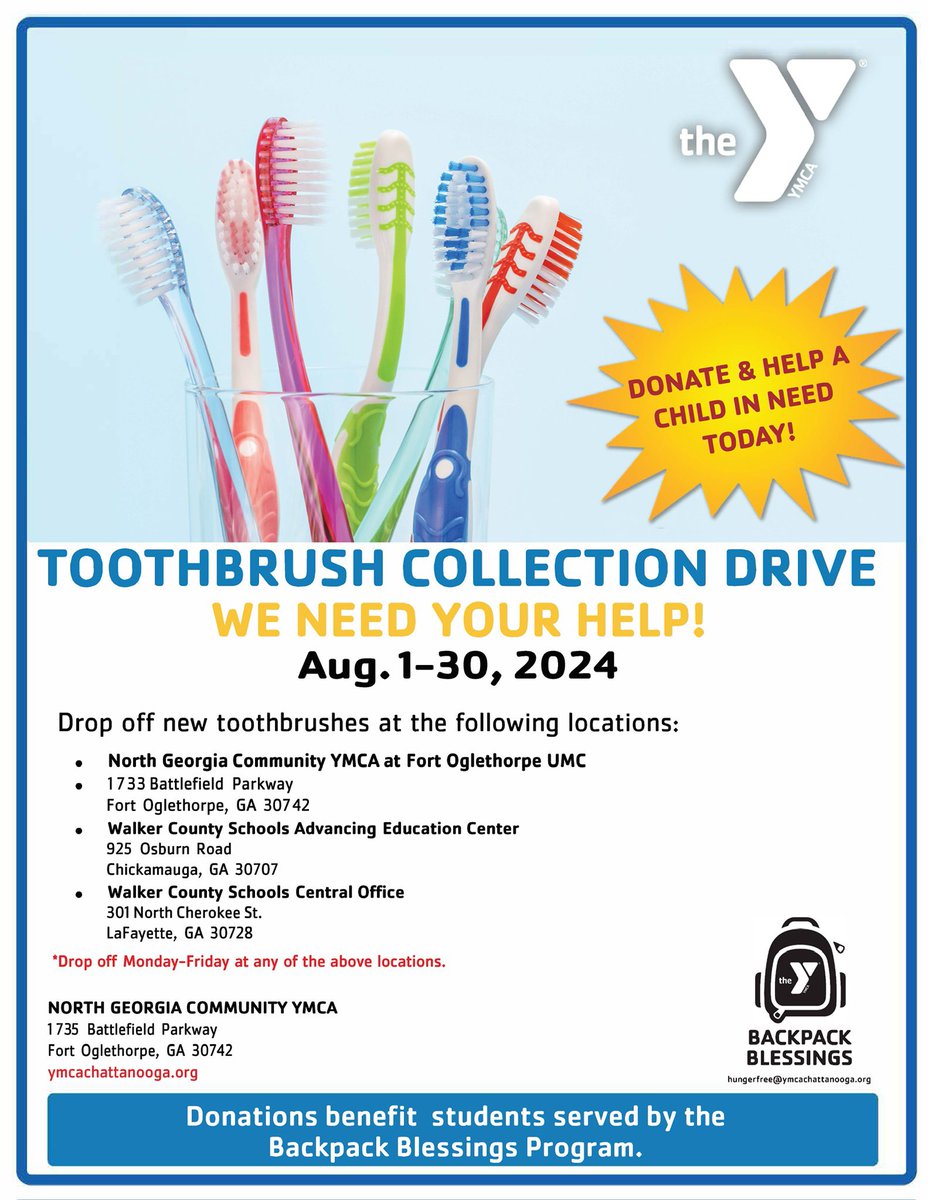 Today is the final day of the Backpack Blessings toothbrush collection drive. You can bring donations to any of the three locations below and we will get them to the kids. Thank you!