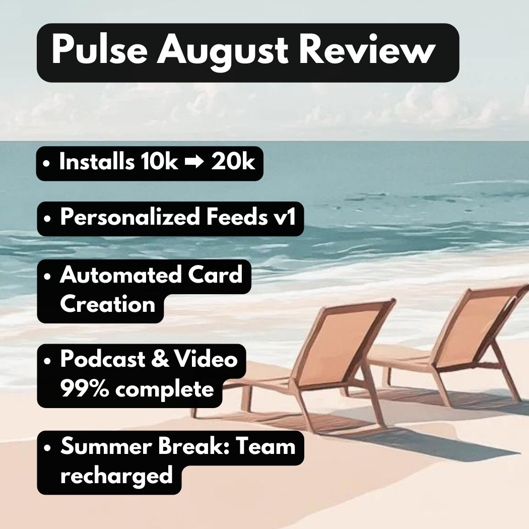 🎉Celebrating Two Months of Pulse!🎉

Can you believe we launched just two months ago? It feels like we've been at this for so much longer with everything we've accomplished so far!

Here's a snapshot of progress in August:

📈User base has increased from 10K to over 20K